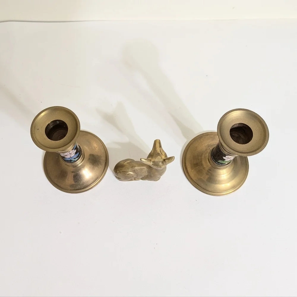 Pier 1 Blue Floral Cloisonné and Brass Candle Holders, Set of 2+Bonus